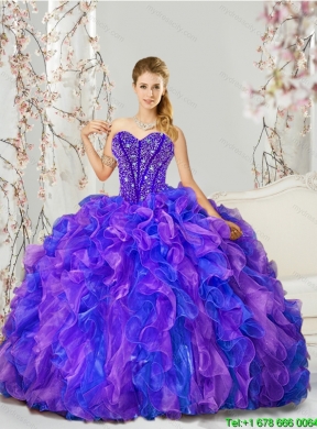 Detachable and Unique Beading and Ruffles Quince Dresses in Purple and Blue for 2015