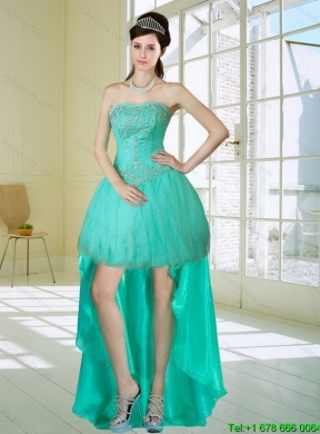 Apple Green Strapess High Low Prom Dresses with Embroidery and Beading