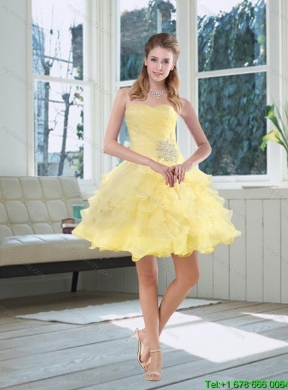 Light Yellow Sweetheart High Low Prom Dress with Beading and Ruffled Layers