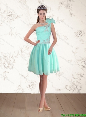 2015 Apple Green One Shoulder Prom Dresses with Embroidery and Hand Made Flower