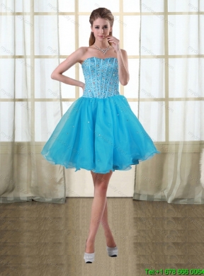 2015 Fashionable Sweetheart High Low Baby Blue Prom Dresses with Beading