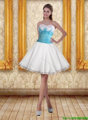 2015 White Sweetheart Prom Dresses with Blue Embroidery