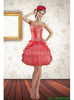 2015 Strapless Coral Red Prom Gown with Ruffled Layers