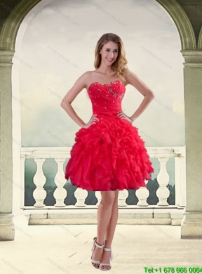 Coral Red Ball Gown Strapless Prom Dresses with Ruffles and Beading