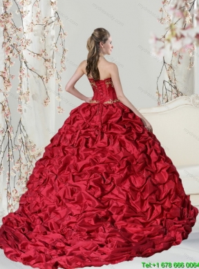 Luxurious Sweetheart 2015 Red Quinceanera Dress with Embroidery and Pick Ups