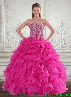 2015 Sweetheart Hot Pink Sweet 16 Dresses with Beading and Ruffles