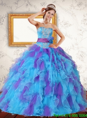 2015 Beaded Strapless Multi Color Quinceanera Dresses with Ruffles and Sash