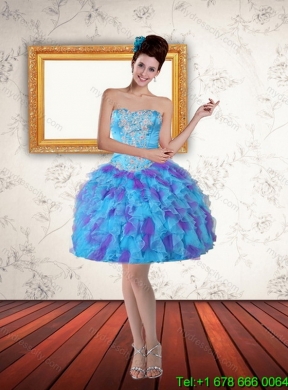 2015 Beaded Strapless Multi Color Quinceanera Dresses with Ruffles and Sash