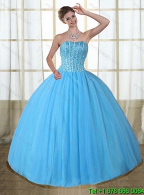 2015 Gorgeous Detachable Baby Blue Strapless Quinceanera Dress with Beading