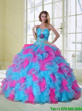 2015 Beautiful Strapless Appliques and Ruffles Multi Color Quinceanera Dress