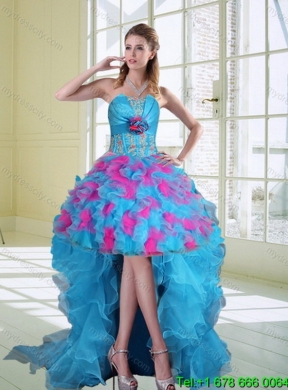 2015 Beautiful Strapless Appliques and Ruffles Multi Color Quinceanera Dress