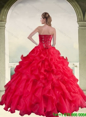 2015 Elegant Red Strapless Quinceanera Dress with Ruffles and Beading