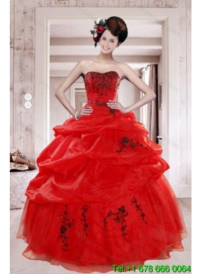 Beautiful Strapless Red Quinceanera Dresses with Appliques and Pick Ups for 2015