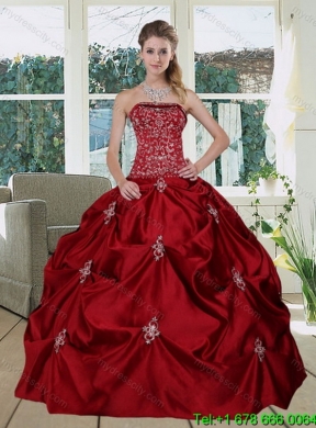 Best Wine Red Strapless Quinceanera Gown with Embroidery and Pick Ups