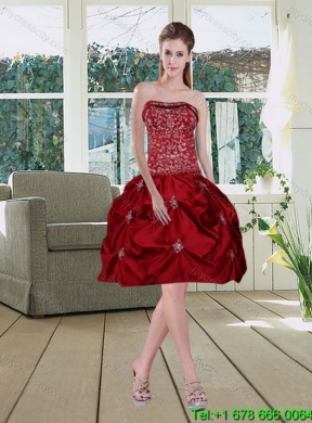 Best Wine Red Strapless Quinceanera Gown with Embroidery and Pick Ups