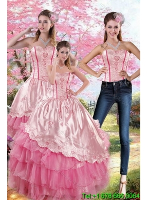 Pink Strapless 2015 Quinceanera Dresses with Embroidery and Ruffles