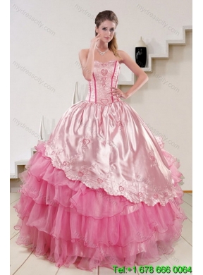 Pink Strapless 2015 Quinceanera Dresses with Embroidery and Ruffles