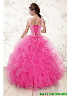 Popular 2015 Sweetheart Hot Pink Quince Gown with Beading and Ruffles