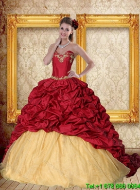 Pretty 2015 Sweetheart Wine Red Brush Train Quinceanera Dress with Beading