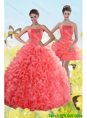 Watermelon Strapless 2015 Quince Dresses with Beading and Ruffles