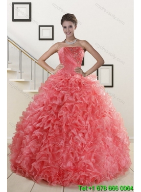 Watermelon Strapless 2015 Quince Dresses with Beading and Ruffles