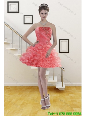 Watermelon Strapless 2015 Quince Dresses with Beading and Ruffles