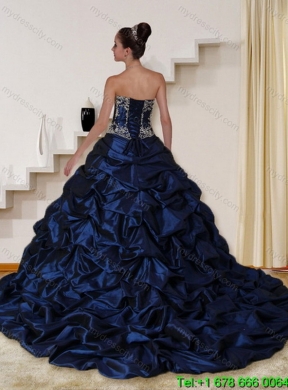 2015 Detachable Embroidery and Beaded Strapless Best Quinceanera Dress in Navy Blue