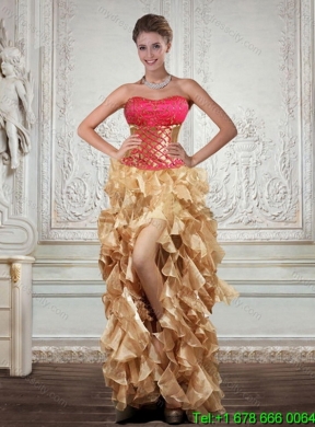 2015 Gold Strapless Best Quince Dress with Beading and Embroidery