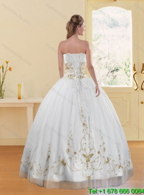 2015 New Style Strapless Embroidery White and Gold Best Dresses for Quinceanera