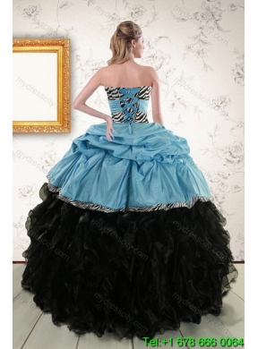 2015 Zebra Print Multi Color Strapless Best Quinceanera Dresses with Ruffles and Pick Ups