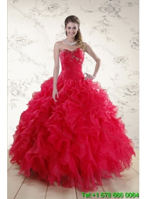 Best Sophisticated Red Sweetheart Dresses for Quince with Ruffles and Beading