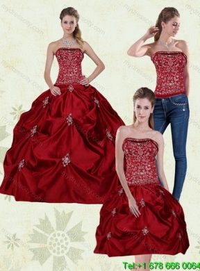 Detachable Wine Red Strapless Classic Quinceanera Gown with Embroidery