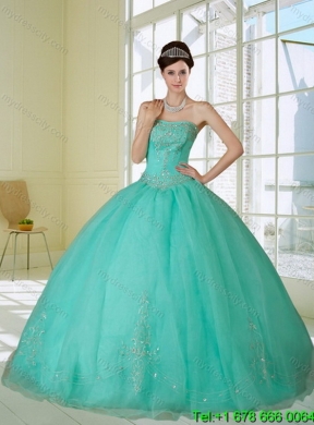 Fashionable Apple Green Strapless Best Quince Dress with Appliques and Beading for 2015