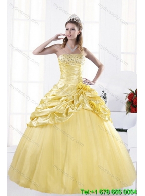 Fashionable Strapless 2015 Beading Best Quince Dresses with Beadings and Pick Ups