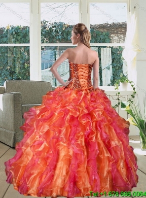 Multi Color Strapless Classic Quince Dress with Beading and Ruffles