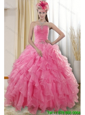 2015 Beautiful Rose Pink Strapless Dresses for Classic Quince with Ruffles and Beading