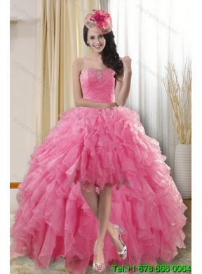 2015 Beautiful Rose Pink Strapless Dresses for Classic Quince with Ruffles and Beading