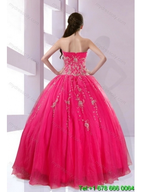 2015 Fshionable Strapless Hot Pink Classic Quince Dresses with Appliques