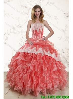 2015 New Style Strapless Appliques and Ruffles Classic Quinceanera Dresses in Watermelon