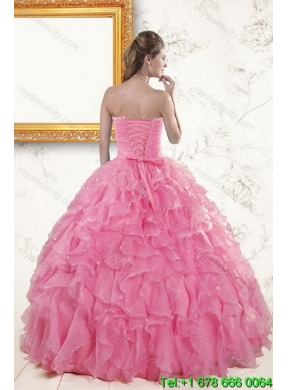 2015 Pretty Baby Pink Beading and Ruffles Classic Quinceanera Dresses