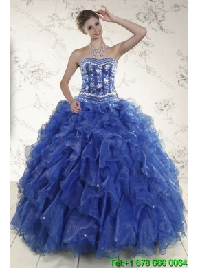 2015 Sophisticated Ruffles and Beading Classic Quince Dresses in Royal Blue