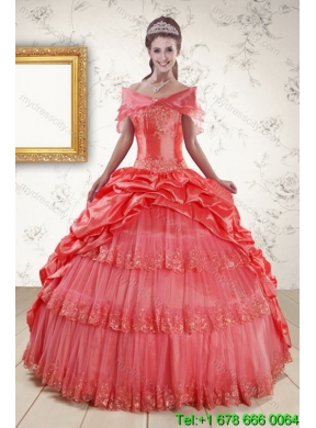 2015 Strapless Coral Red Classic Quinceanera Dresses with Pick Ups and Beading