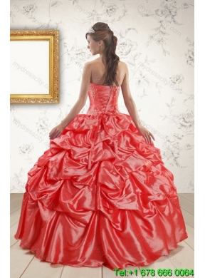 2015 Strapless Coral Red Classic Quinceanera Dresses with Pick Ups and Beading