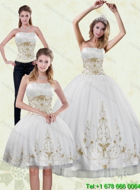 Modest 2015 Strapless Embroidery White and Gold Classic Quinceanera Dresses