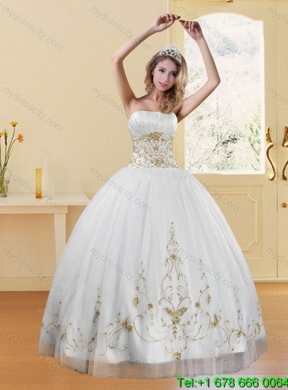 Modest 2015 Strapless Embroidery White and Gold Classic Quinceanera Dresses