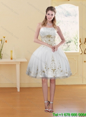 Modest 2015 Strapless Embroidery White and Gold Classic Quinceanera Dresses