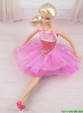 Cute Rose Pink Straps Beaded Decorate Party Dress For Barbie Doll