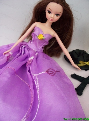 Hand Made Flower Embroidery Lavender Princess Party Clothes Gown For Barbie Doll Dress