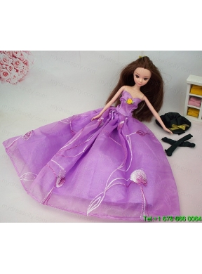 Hand Made Flower Embroidery Lavender Princess Party Clothes Gown For Barbie Doll Dress