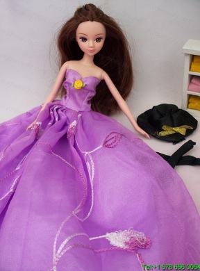 Hand Made Flower Embroidery Lavender Princess Party Clothes Gown For Barbie Doll Dress